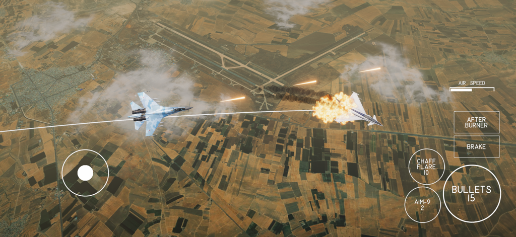 Vista aérea de un caza disparando a un avión enemigo con una explosión en un combate aéreo