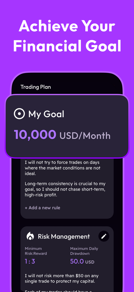 Mobile app interface showing a trading plan with a monthly financial goal and risk management parameters.