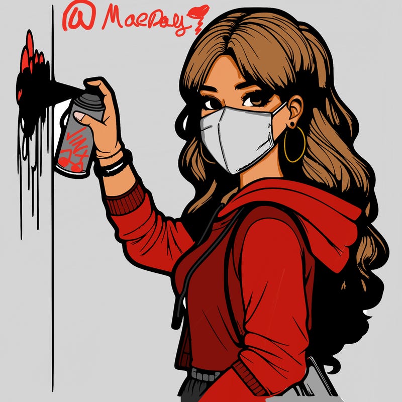 realistic girl with mask spray painting a wall