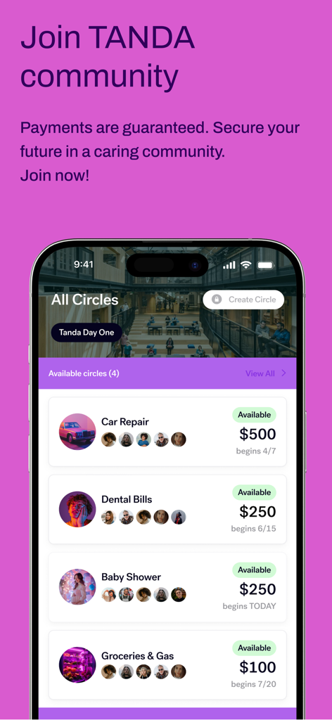 TANDA App - Smartphone screen displaying the TANDA app with community savings circles for specific financial needs like car repairs and dental bills