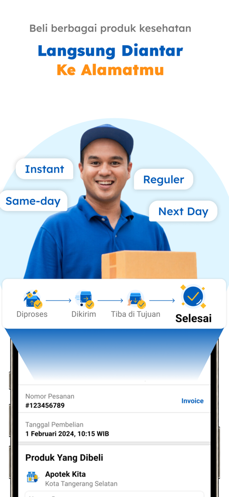 GoApotik: #ApotikTapiOnline - GoApotik app screen showing various delivery options like instant and same-day alongside an order status tracking interface.