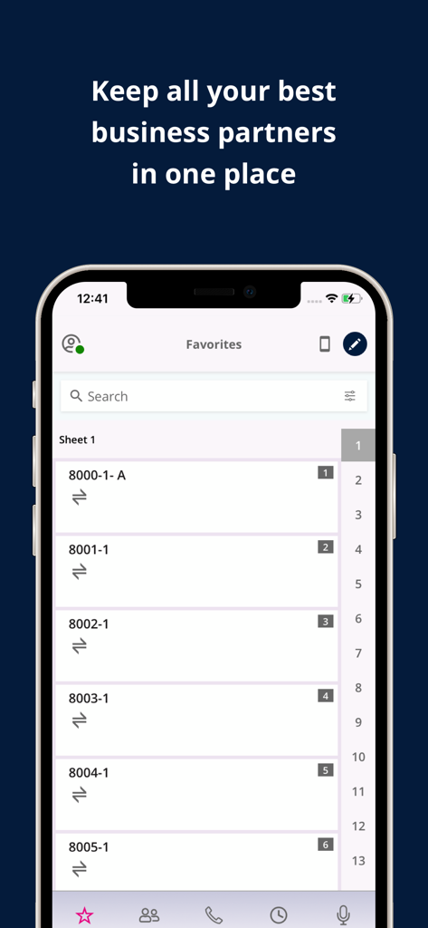 Unigy Mobile Client - Unigy Mobile Client favorites screen with speed dial buttons for business partners