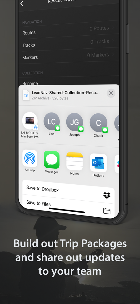 LeadNav GPS mobile app interface showing the share menu for distributing mission packages and trip updates to a team