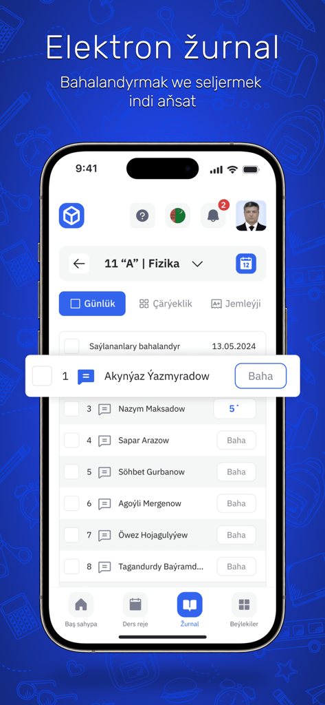 eMekdep mobile App-Bildschirm, der ein elektronisches Schuljournal für Lehrer mit Schülernamen und Benotungsfunktionen anzeigt.