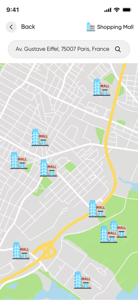 EVMap- Charging Station Finder - Map interface of EVMap app showing electric vehicle charging stations at shopping malls in Paris
