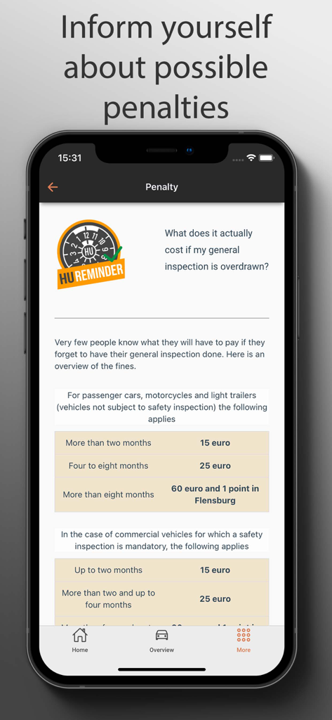 A mobile app screen showing a list of penalties and fines for overdue vehicle inspections