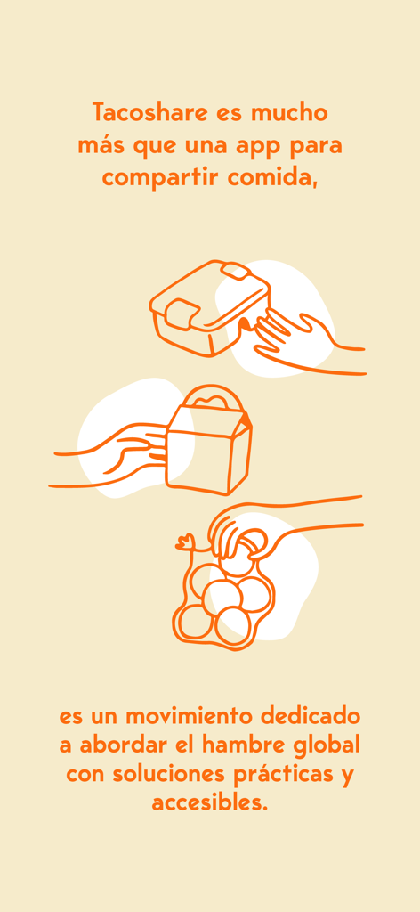 TacoShare app screen highlighting its movement to address global hunger through community food sharing