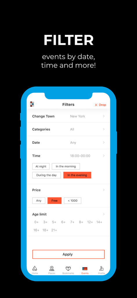 A mobile screenshot showing event search filters in the Kaver app including location, category, date, time, and price.