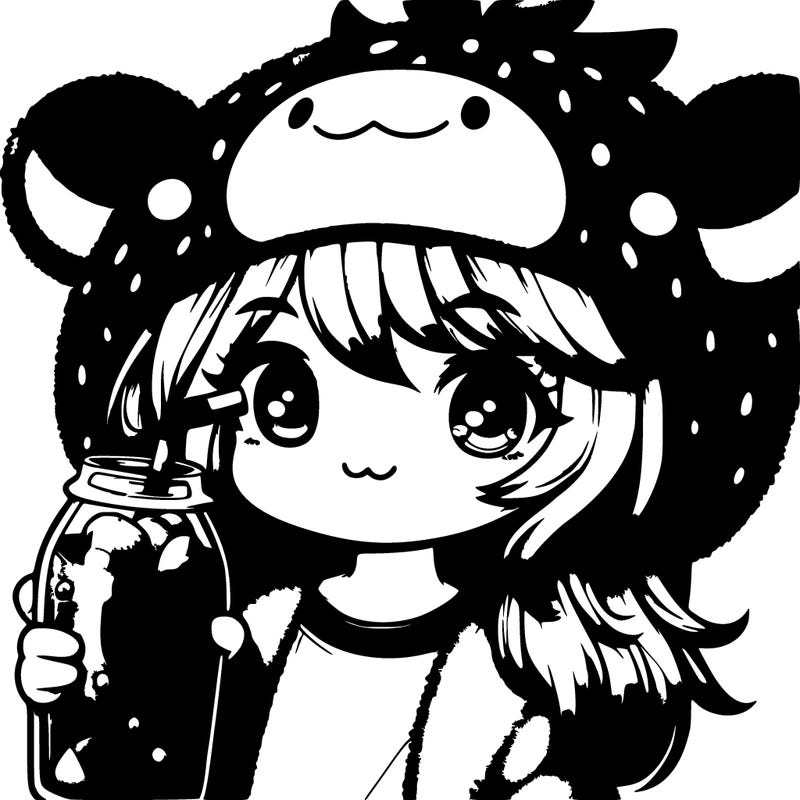 strawberry girl with plush strawberry cow hat drinking strawberry soda realistic