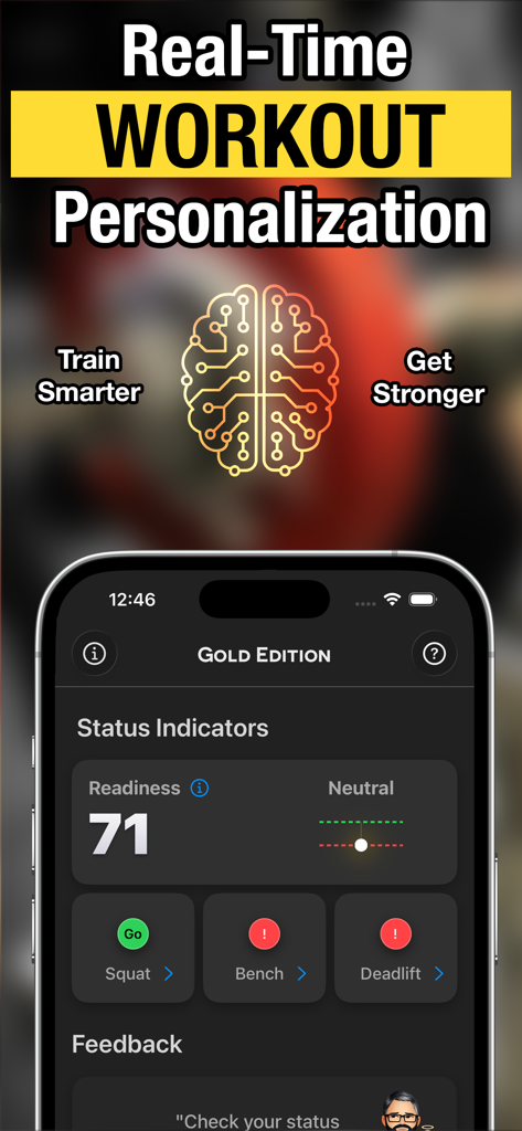Sheiko Gold: AI Powerlifting - Interfaccia dell'app Sheiko Gold AI Powerlifting che mostra la personalizzazione dell'allenamento e il punteggio di prontezza dell'atleta