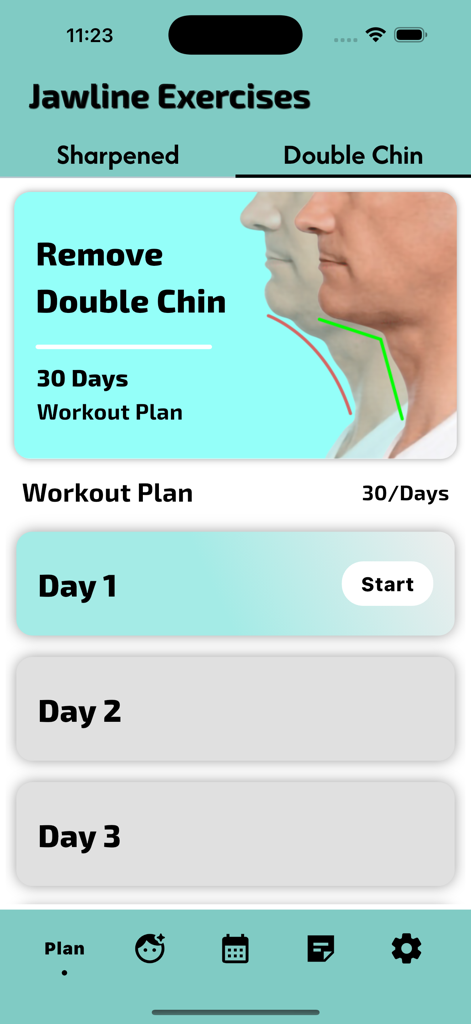Écran du plan d'entraînement de l'application Exercice de la mâchoire pour l'élimination du double menton