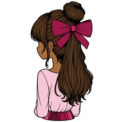 realistic girl  with hip length hair a bun and a big bow on the back of head