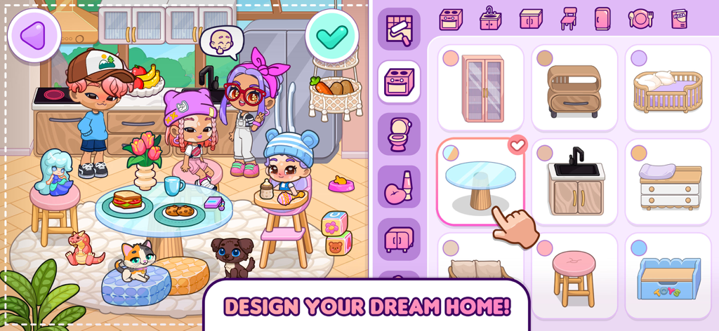 Dopples World - Design your dream home interface in Dopples World featuring avatars and furniture selection
