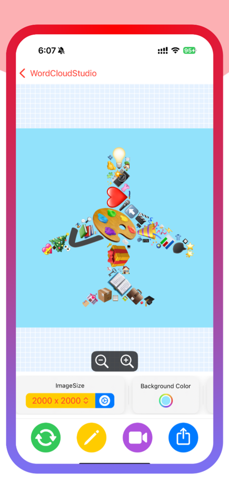 WordCloudStudio - WordArt Tool - WordCloudStudio editor showing an airplane silhouette made of various colorful icons with customization tools.