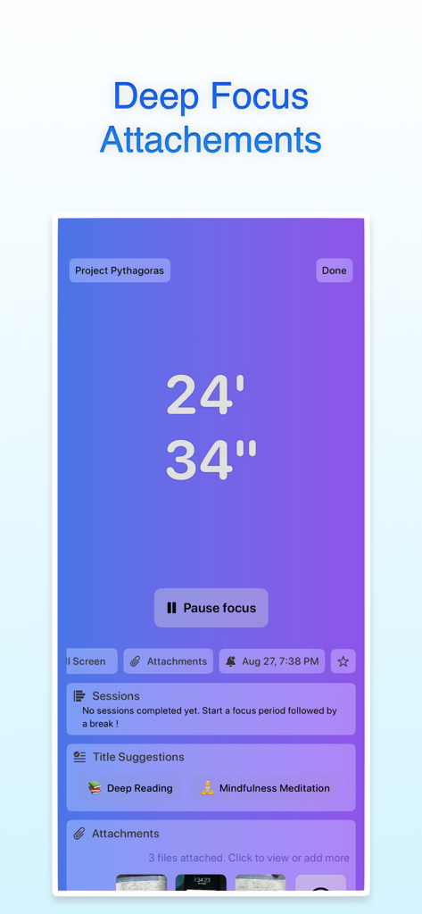 Focus: Pomodoro & Study Timer - 24分間のカウントダウンタイマー、プロジェクト添付ファイル、セッションラベルが表示されているFocus Pomodoroアプリのインターフェース。