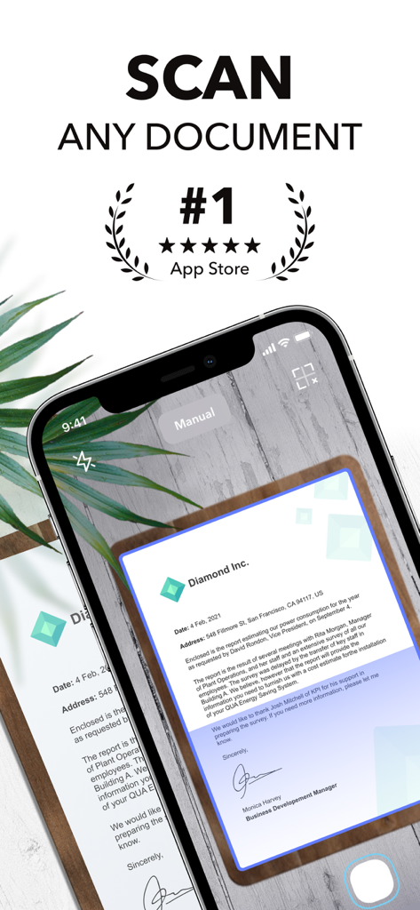PDF Scanner App: Scanner+ Docs - Pantalla del iPhone mostrando la aplicación PDF Scanner escaneando un documento de negocios con detección automática de bordes