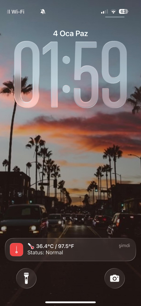 Phone Temperature - iPhone lock screen showing a notification with the current device temperature and thermal status