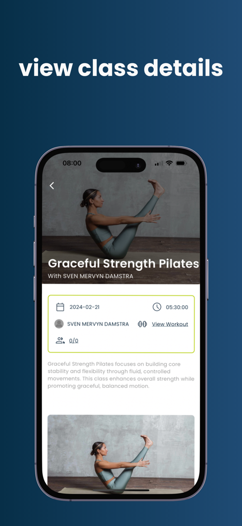 Itensity - Pantalla de la aplicación Itensity que muestra los detalles de una clase de Pilates 'Graceful Strength' incluyendo fecha, hora e información del instructor