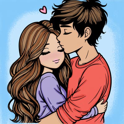 a realistic couple boy and girl hugging and kissing