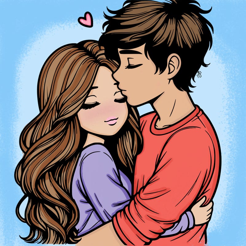 a realistic couple boy and girl hugging and kissing
