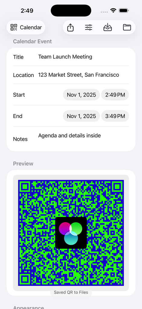 Quicker QR Code Generator - Quicker QRアプリの画面に、カレンダーイベントフォームと、ロゴ付きのカスタムカラーQRコードプレビューが表示されています。