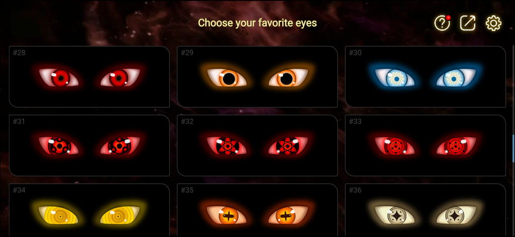 Prank Eyes - A selection screen in the Prank Eyes app showing a grid of various glowing anime eye designs like sharingan and rinnegan.