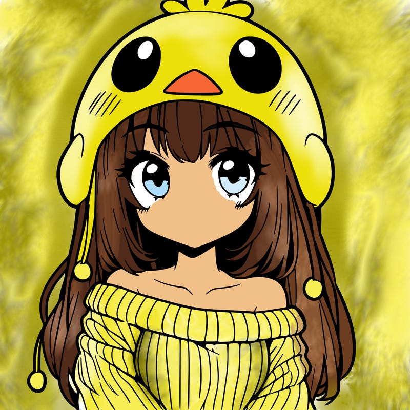 anime girl with chick shaped hat with sweater with bare shoulders with bangs covering them one eye with low tail