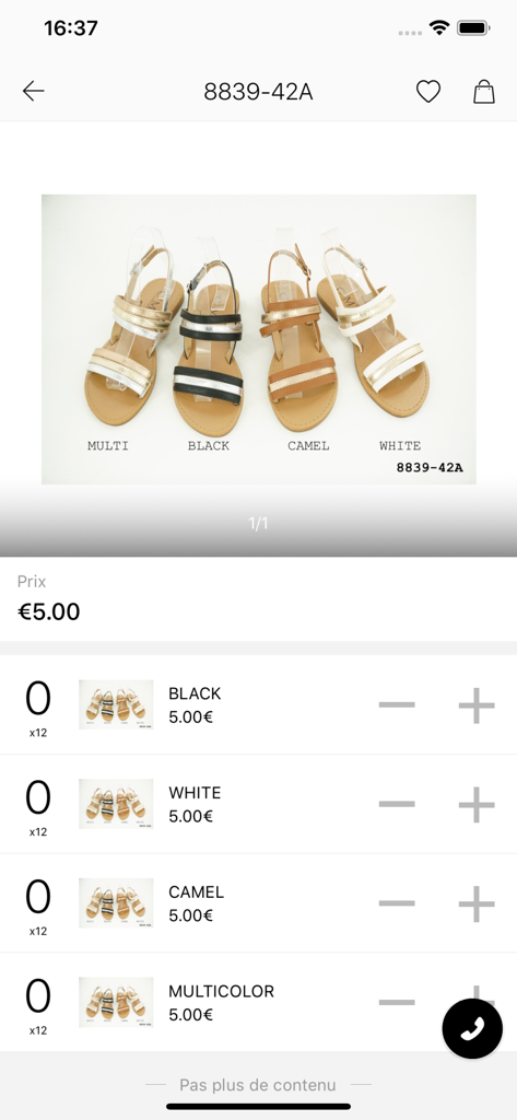 Página de producto de la aplicación CM paris que muestra el precio mayorista y las opciones de color para sandalias de mujer.