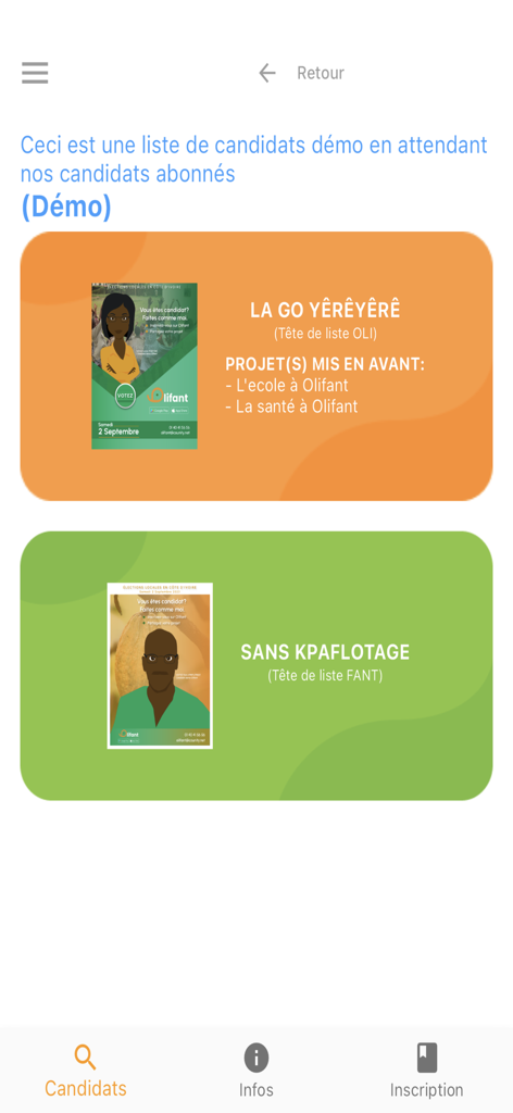 Screenshot of the Olifant app showing a list of political candidate profiles and their key project highlights.