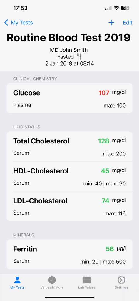 Mobile app screen displaying color coded blood test results for glucose and cholesterol with reference ranges