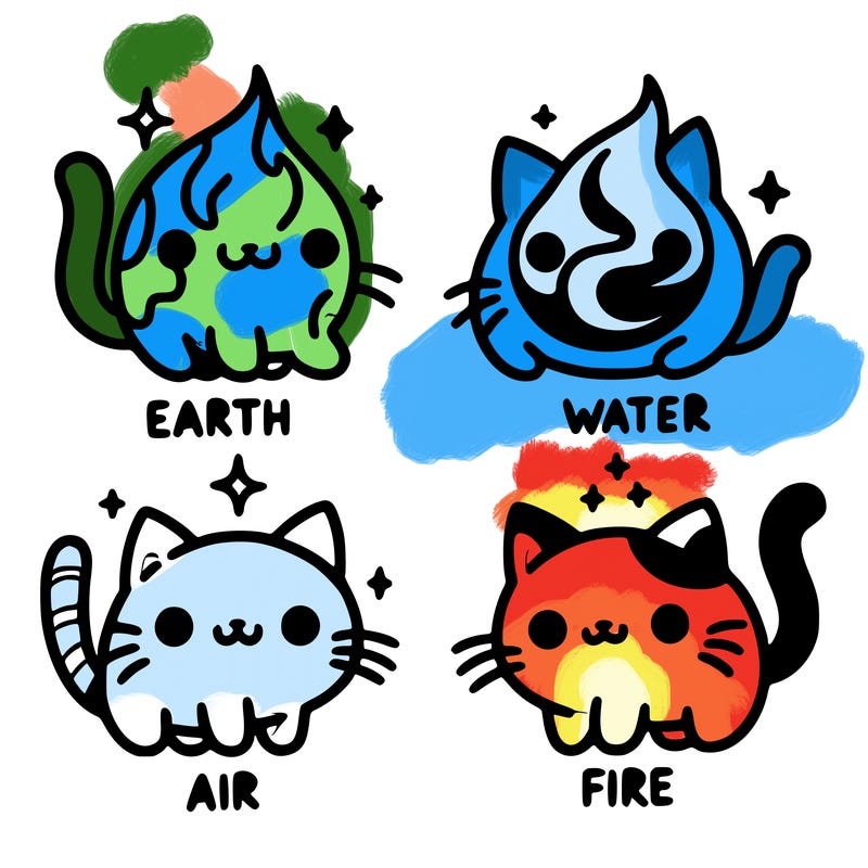 4 cats that represent the different elements, earth, water, air, and fire