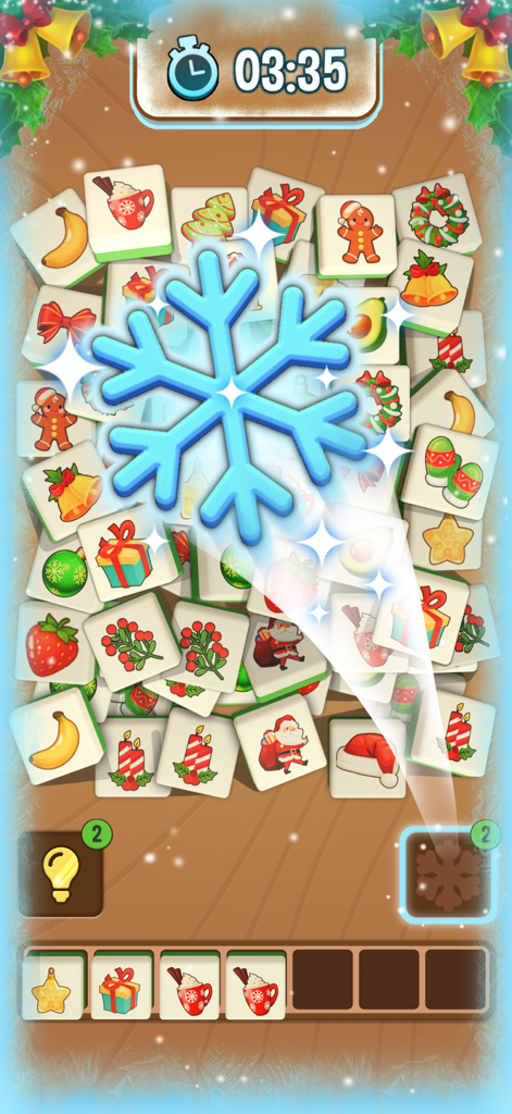 Tile Triple 3D - A Christmas themed 3D tile matching puzzle game screen featuring a snowflake booster and holiday icons like Santa and gingerbread men.