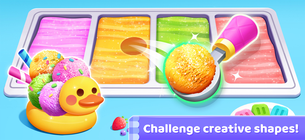 Scooping colorful ice cream into a duck-shaped bowl in Little Pandas Ice Cream Game