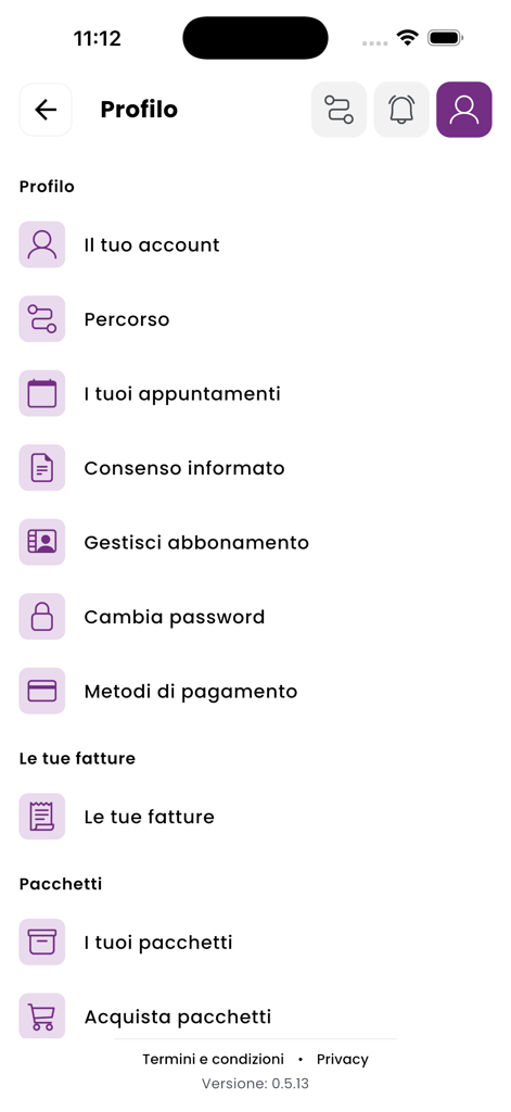 Corabea - Corabea app profile screen showing user account settings, appointments, and subscription management options.