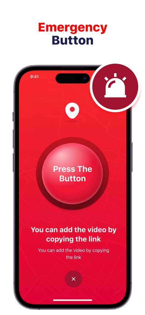 Pantalla de iPhone que muestra el botón de emergencia rojo en la interfaz de la aplicación LocaTracker