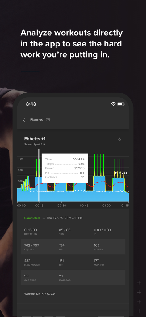 TrainerRoad app screen displaying a detailed cycling workout analysis with power graphs and performance metrics.