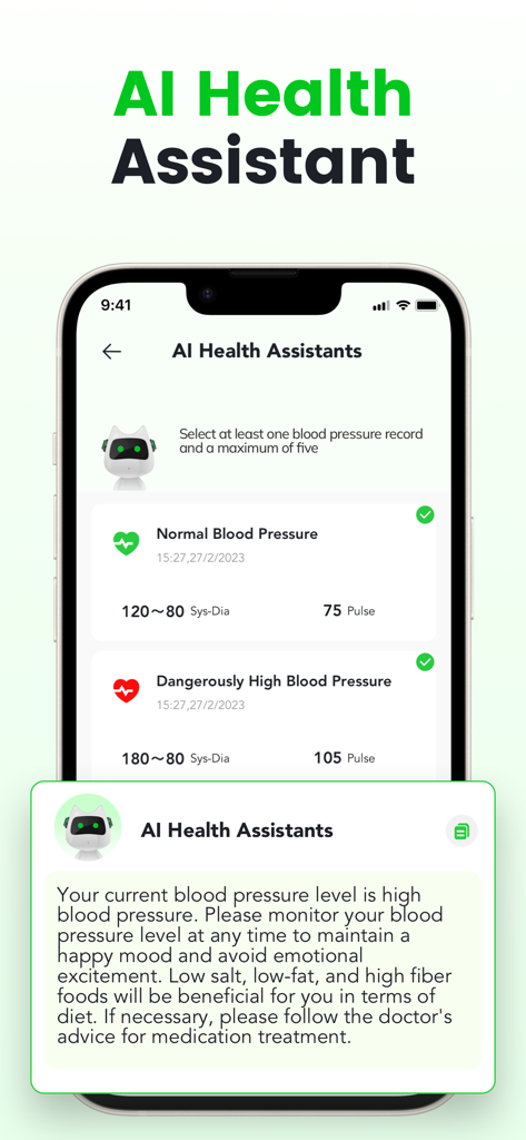 Daily Health-BMI & BP Tracker - Daily Health app AI Assistant providing health advice and diet tips based on recorded blood pressure levels.
