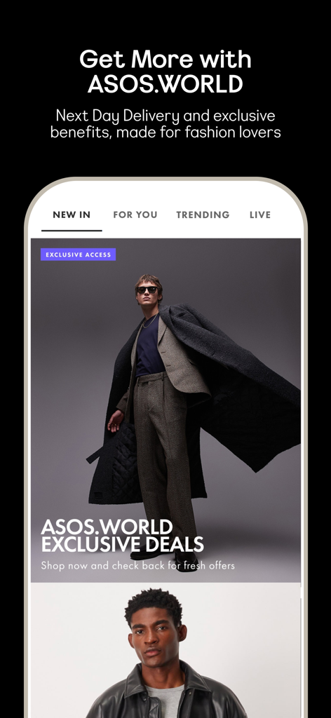ASOS app interface showing ASOS.WORLD exclusive deals and fashion benefits with male models in stylish outfits