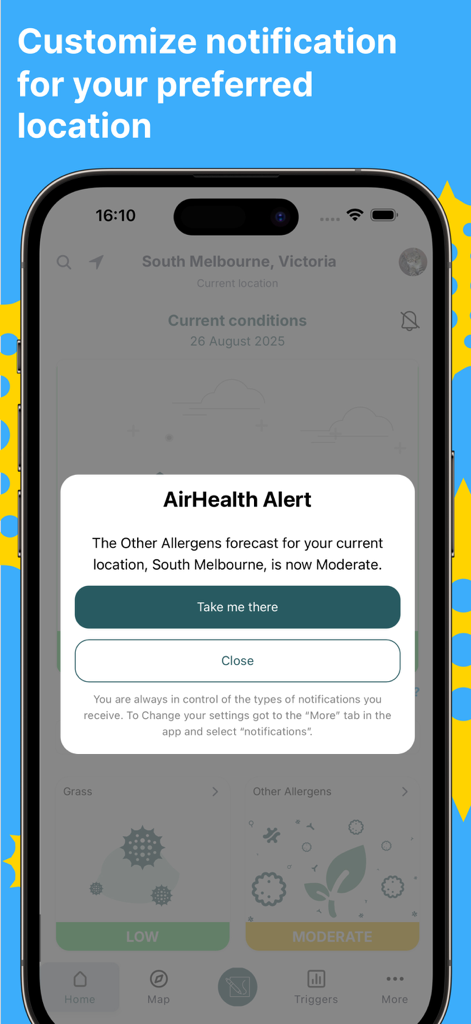 Melbourne Pollen Count - Melbourne Pollen Count app interface showing an AirHealth Alert notification for allergens in South Melbourne