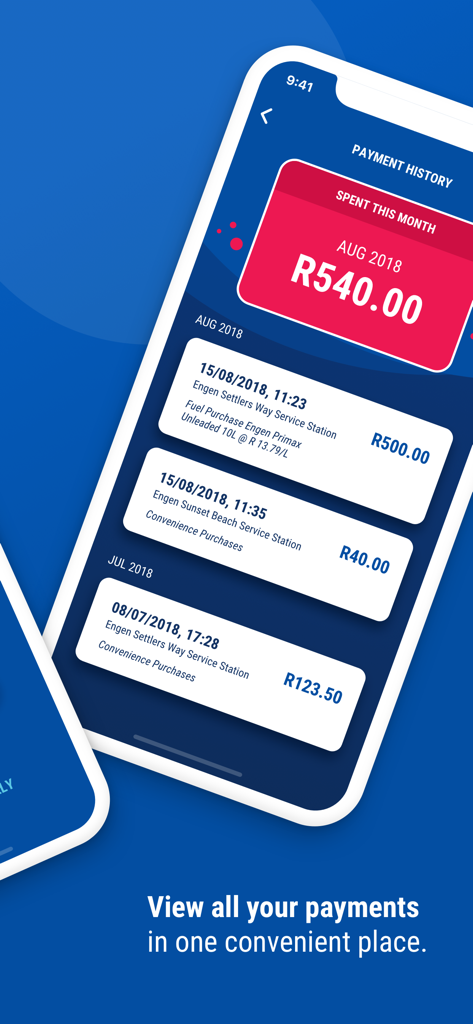 Engen 1 app - Pantalla de historial de pagos de la app Engen 1 mostrando el gasto mensual y los detalles de transacciones individuales de combustible y compras de conveniencia