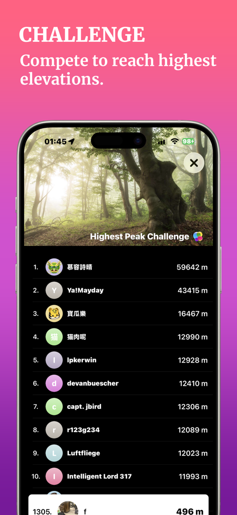 MyTracks: GPS Recorder - MyTracks app leaderboard for the Highest Peak Challenge showing user elevation rankings.