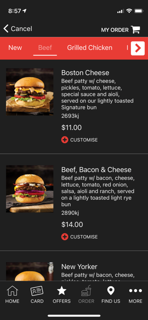 Menu do aplicativo Burger Urge mostrando opções de hambúrgueres de carne com preços e fotos