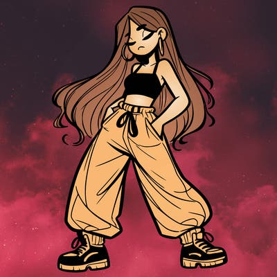 girl in baggy pants crop top and long hair