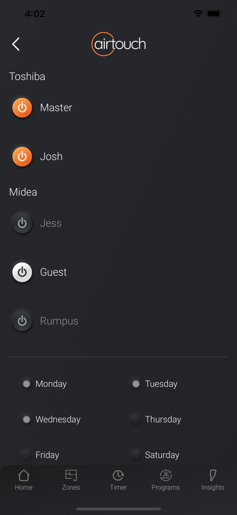 AirTouch 5 - Interface of AirTouch 5 app for managing smart home air conditioning zones by room.