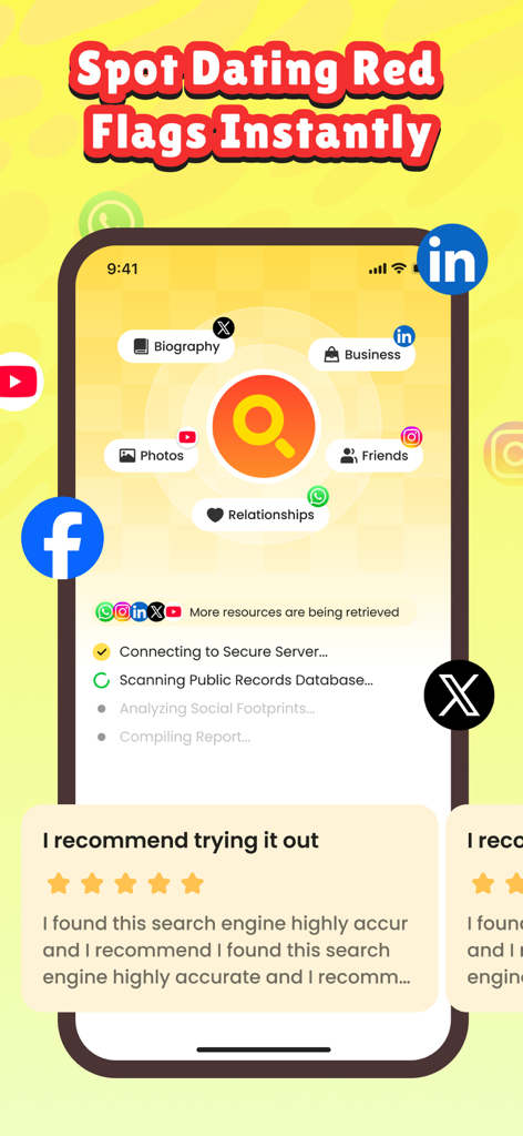 DeepCheck: AI People Finder - Schermata dell'app DeepCheck AI People Finder che mostra funzionalità per identificare profili social e verificare appuntamenti