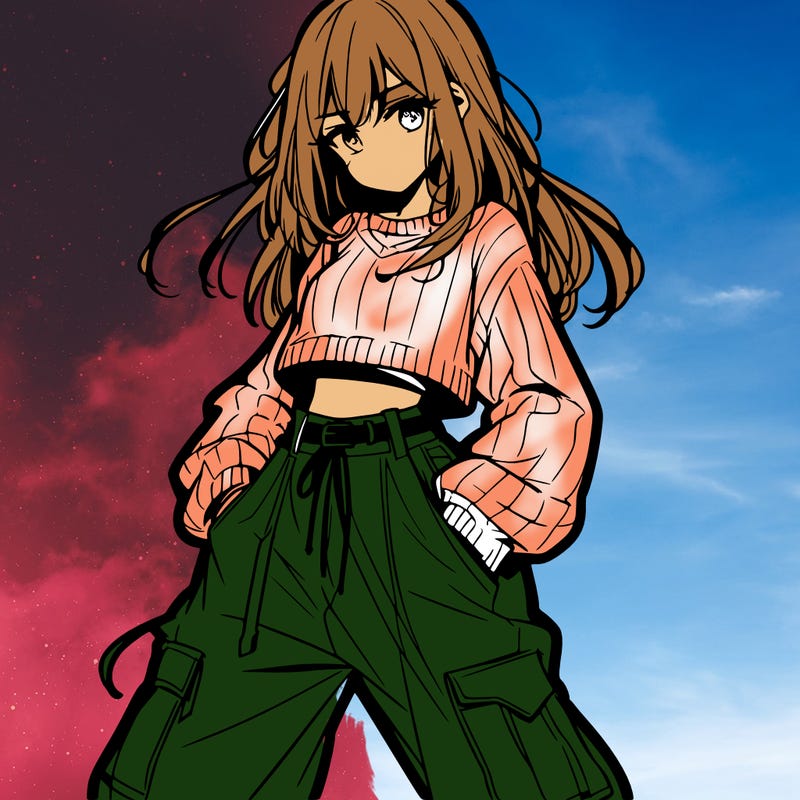anime teen girl with baggy pants and crop top with sweater