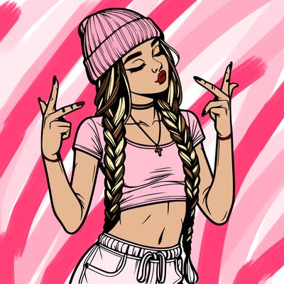 realistic teenage girl with braids and a beanie and crop top doing 🫶🏼