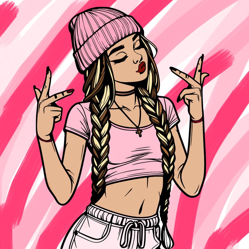 realistic teenage girl with braids and a beanie and crop top doing 🫶🏼