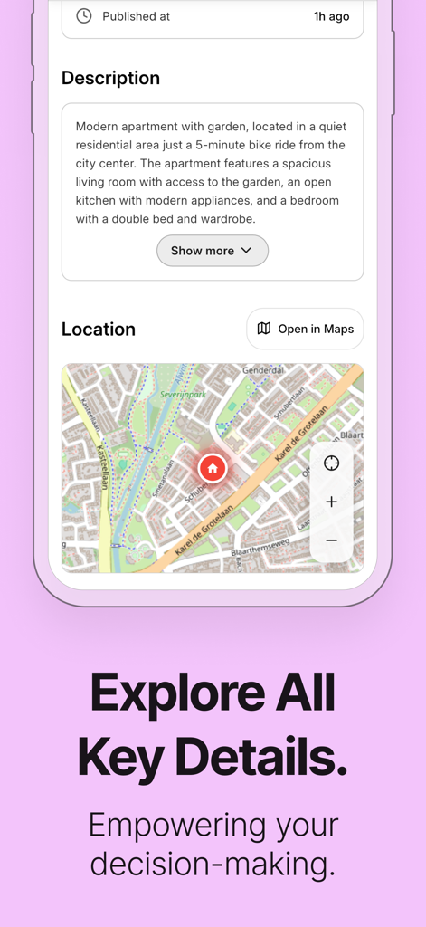 Huisly - Huisly app screen showing detailed property description and interactive location map for a Dutch apartment listing