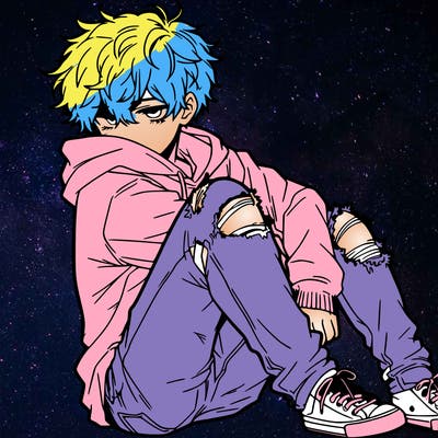 a male hoddie ripped jeans messy hair anime